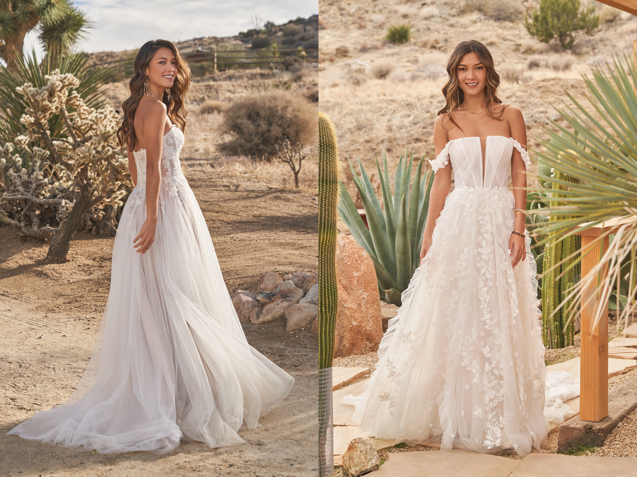 two images stitched side by side displaying brides posing in Lillian West bridal dresses in desert areas