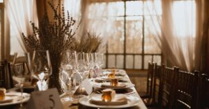 fall wedding table with light streaming in through windows