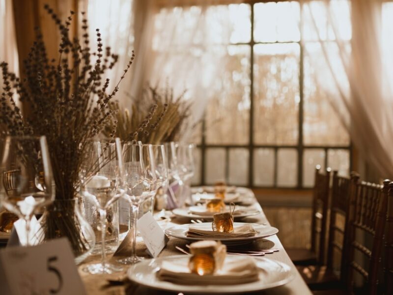 fall wedding table with light streaming in through windows